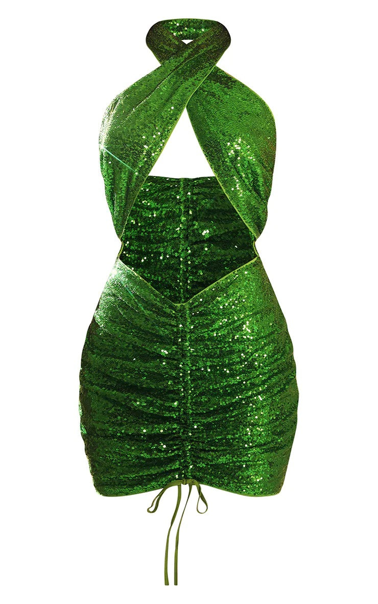 SIXSR popular 2025 women's clothing neck halter hollow hip dress pure desire wind pleated sequin Spice Girl dress women