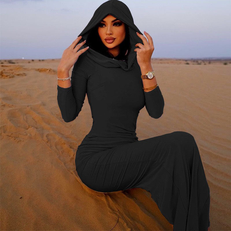 VZYZV 2025 style sexy Spice Girls women's clothing, autumn and winter long-sleeved knitted split-ended hooded long dress ur slim-fitting long-sleeved dress
