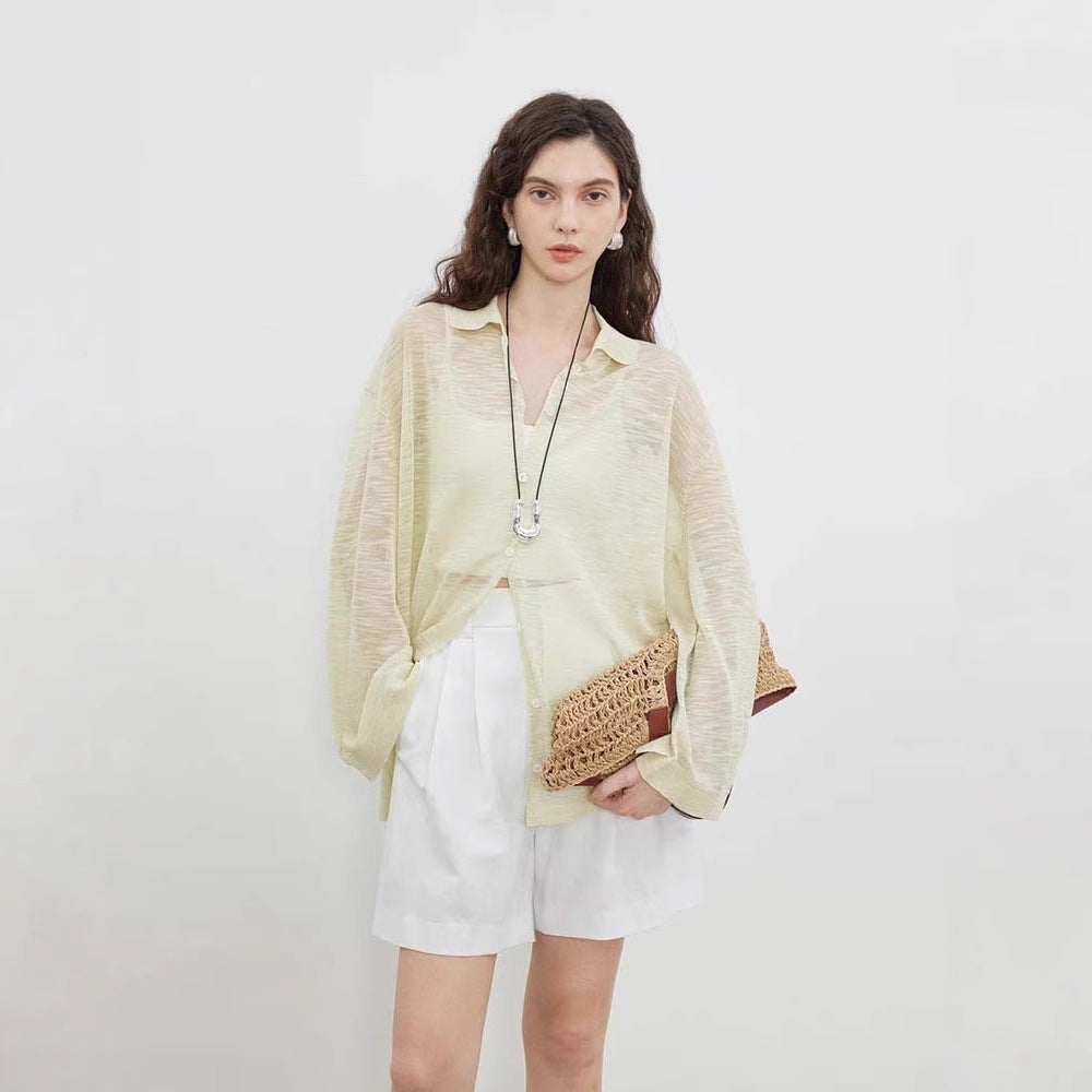 Siyuan, super cool bamboo knuckle hemp texture yarn + simple POLO collar lazy wind silhouette sunscreen shirt women 9018