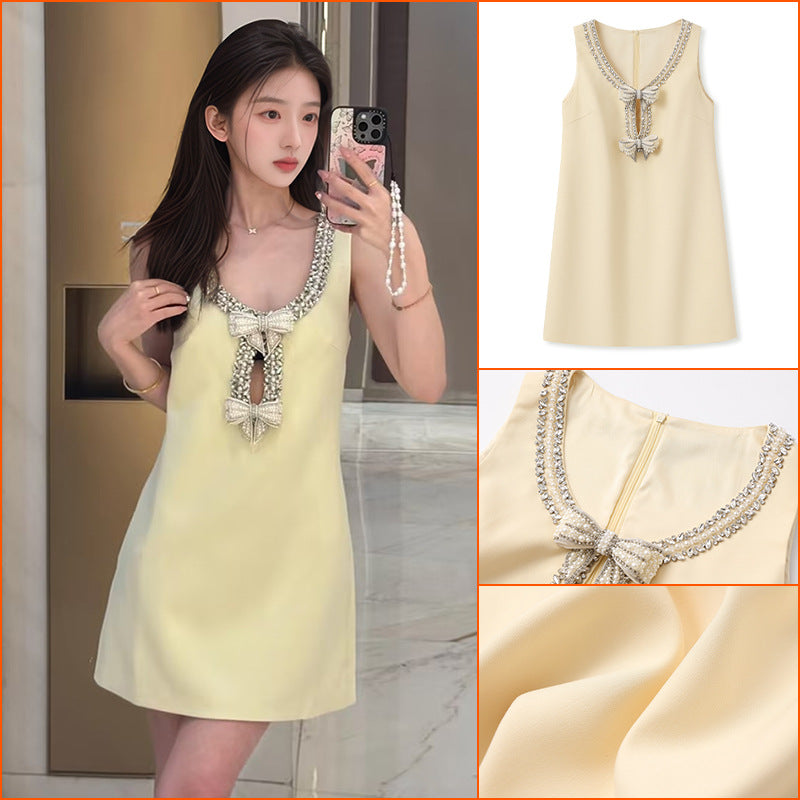 2025 spring new rich family daughter wind cream yellow suspender dress nail bead temperament vest skirt N2040