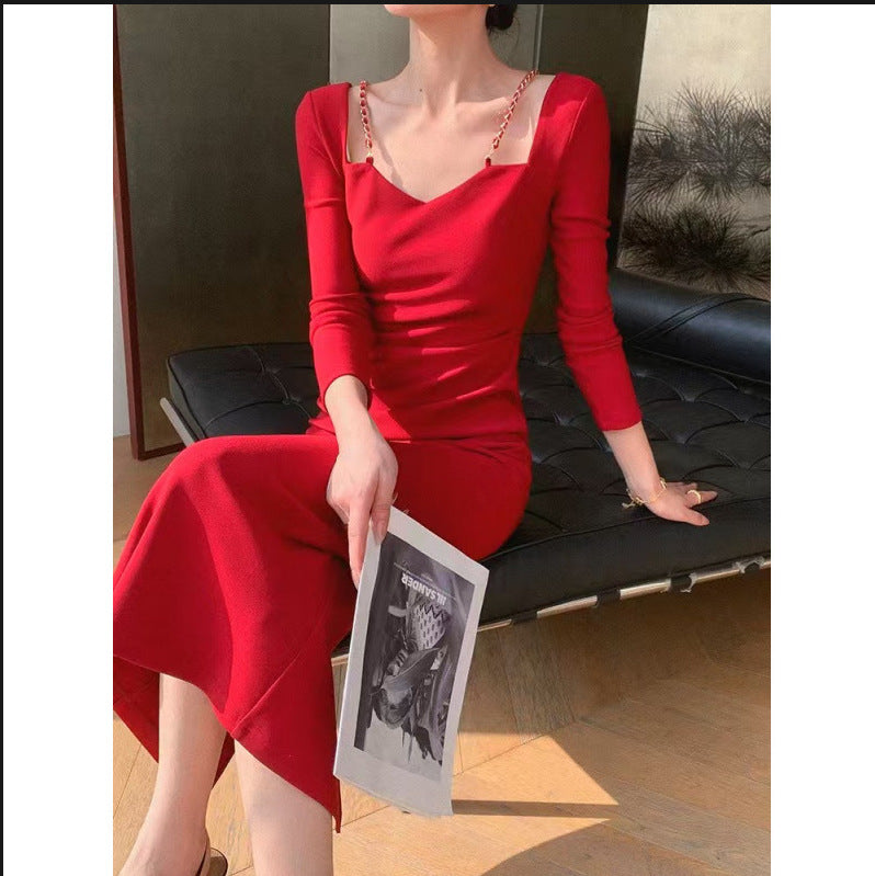 2025 Red long-sleeved square-neck dress for women's autumn spring new slim-fitting and thin hip-wrapped long skirt for women