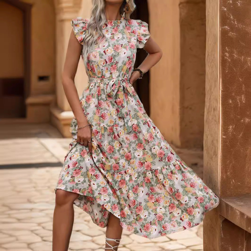 popular 2025 New Popular trade women's clothing lace-up waist printed short-sleeved ruffle edge dress