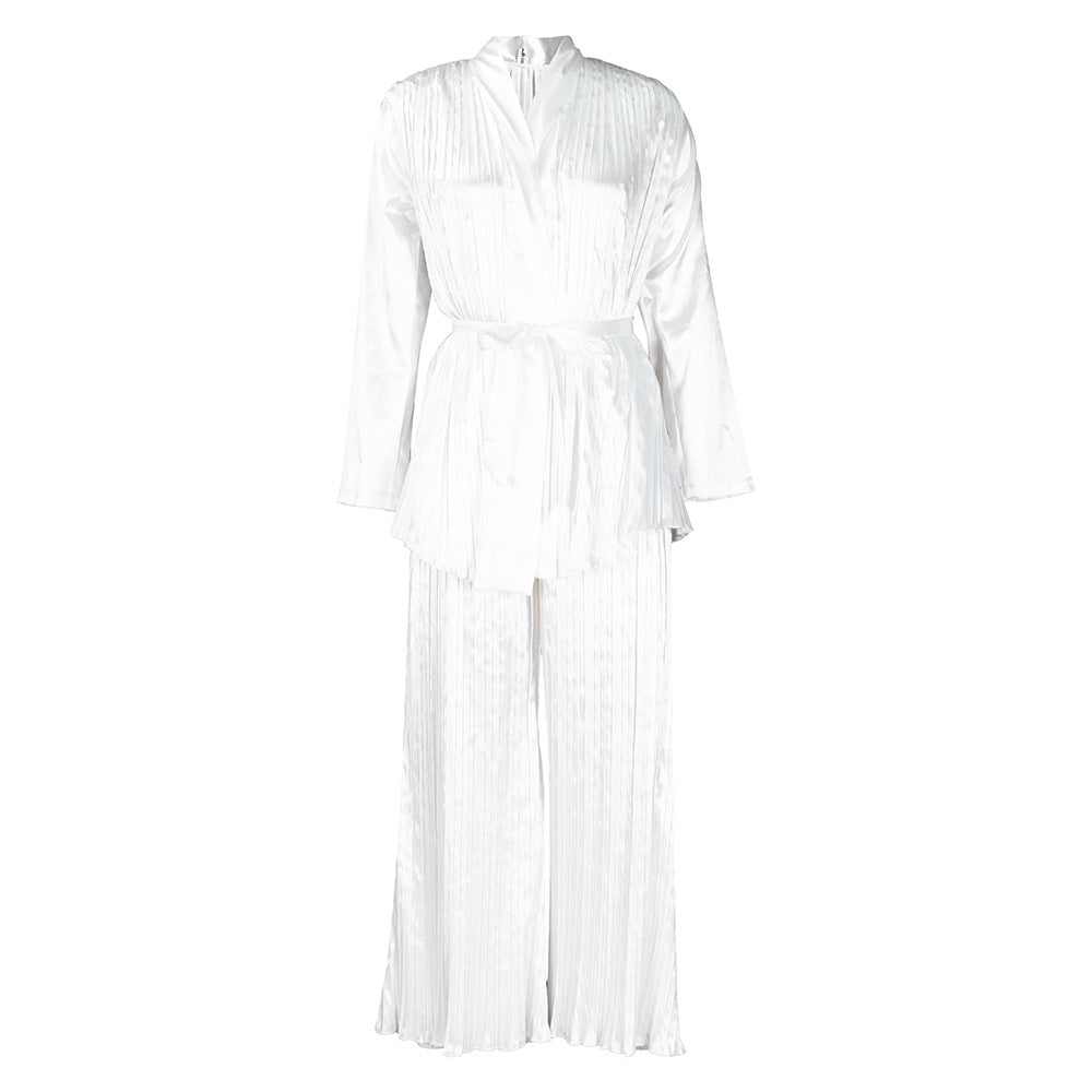 SIXSR D360 New women's clothing solid color pleated loose long-sleeved strap shirt trousers two-piece set Popular trade set