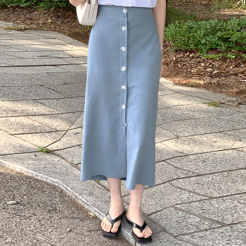Skirt, medium and long summer women's clothing, Japanese blue skirt, elastic waist, hip-wrapped breasted design, over-the-knee A-shaped skirt