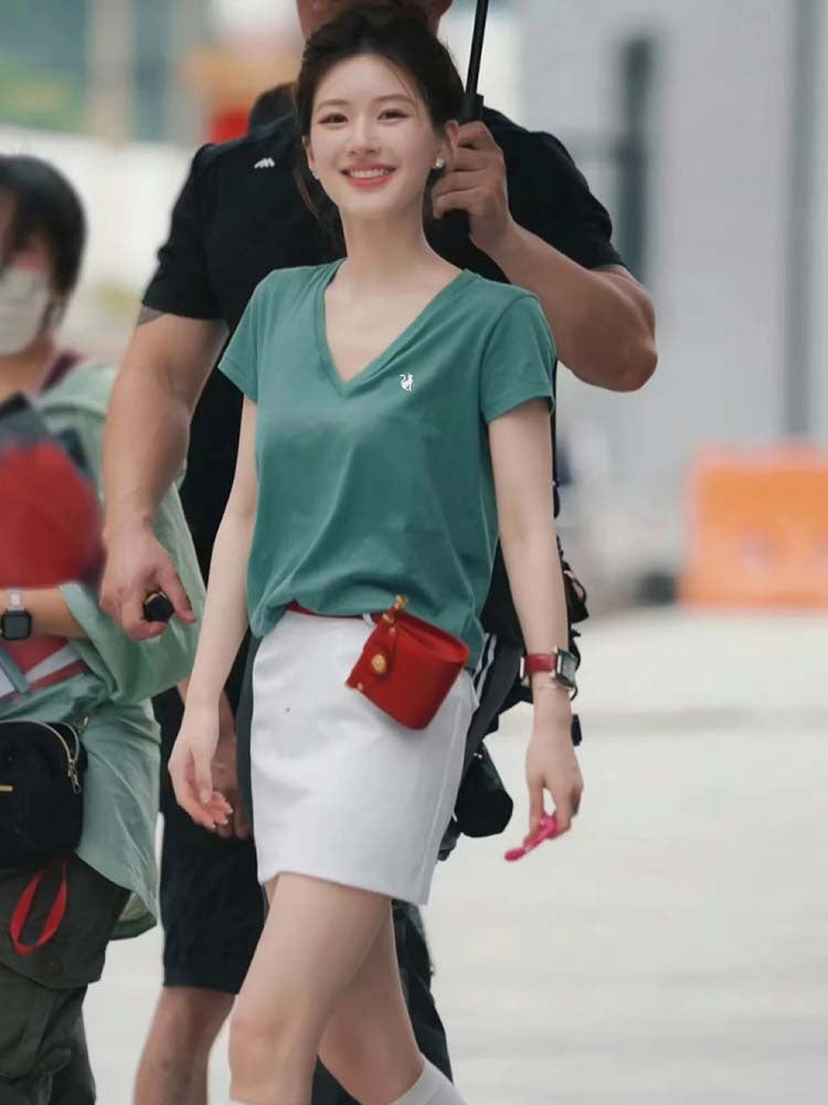 Siyuan 25 Spring and Summer Shoulder V-Neck Fox Embroidery Pure Cotton Slim Skinny T-Shirt Short Sleeve Women's Top 7771
