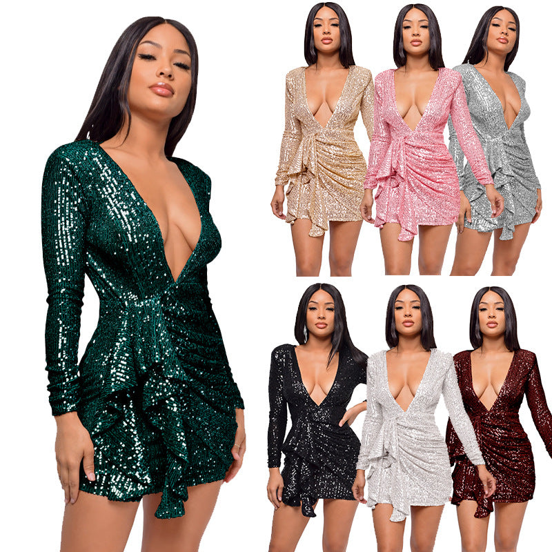 SIXSR INS style party long sleeve halter hip skirt independent station Popular trade nightclub pleated dress women wholesale