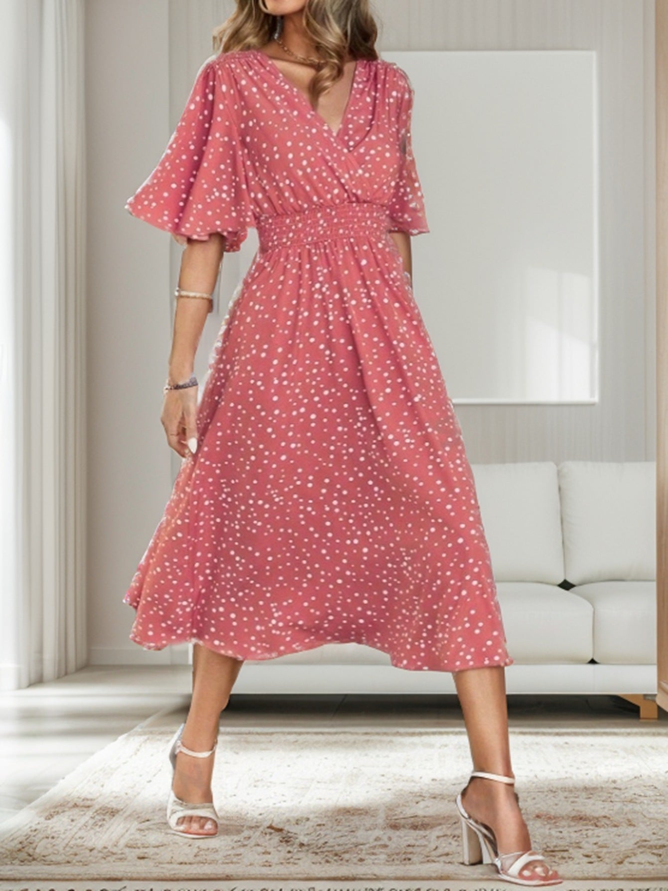 popular 2025 New Popular trade women's clothing independent station polka dot printing V-neck short-sleeved dress