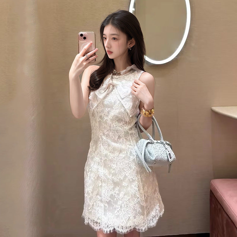 romantic lace mesh slim fit beautiful dress women's 2025 summer bow light luxury dress N3058
