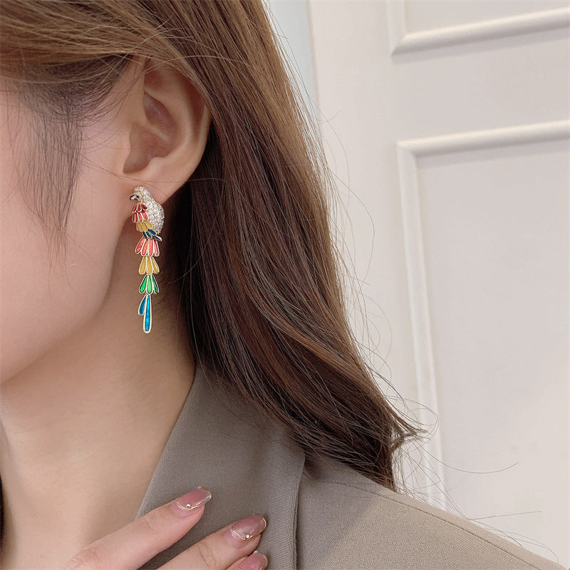 2025 Bohemian ethnic style earrings temperament personality design sense bird long color feathers oil dripping parrot earrings