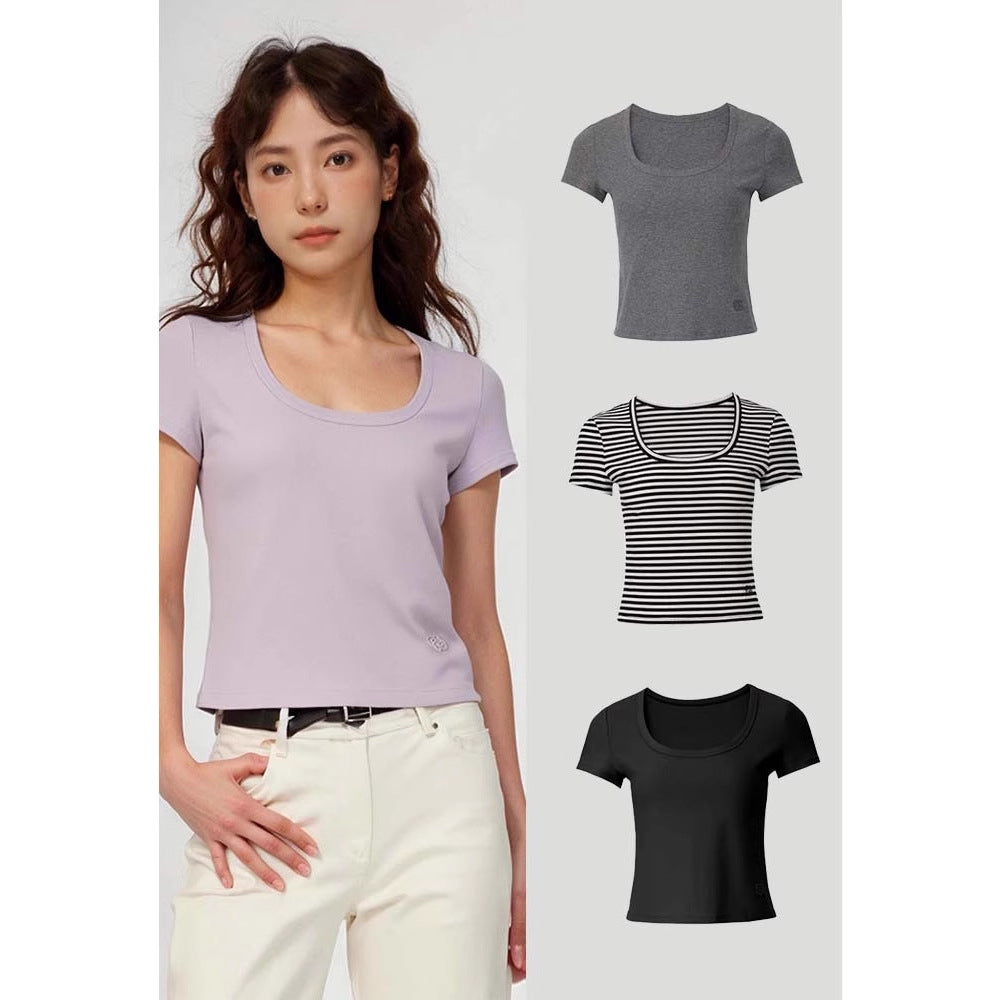 Siyuan 25 early spring simple commuting daily front shoulder five-color simple large u-neck short-sleeved T-shirt women's 8982