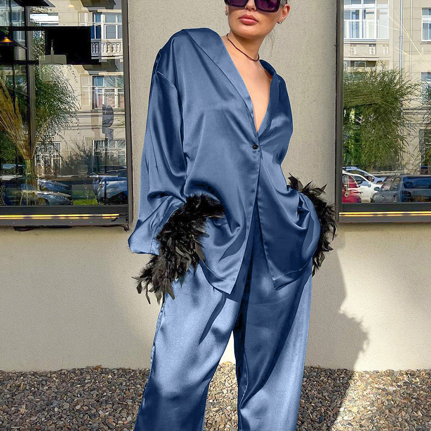 SIXSR 2025 spring satin premium pajamas long-sleeved feather cardigan trousers two-piece set loose loungewear women