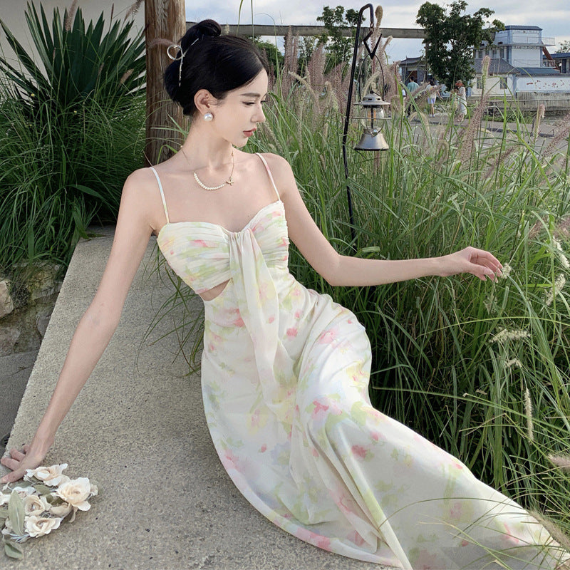 2025 Seaside wear suspender long dress high sense women summer vacation wind waist tube top dress floral chiffon beach dress