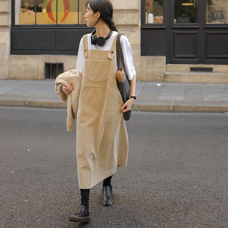 Korean corduroy strap skirt for women's autumn and winter high-end sense stacked wearing versatile straight A-shaped vest skirt striped velvet suspender skirt