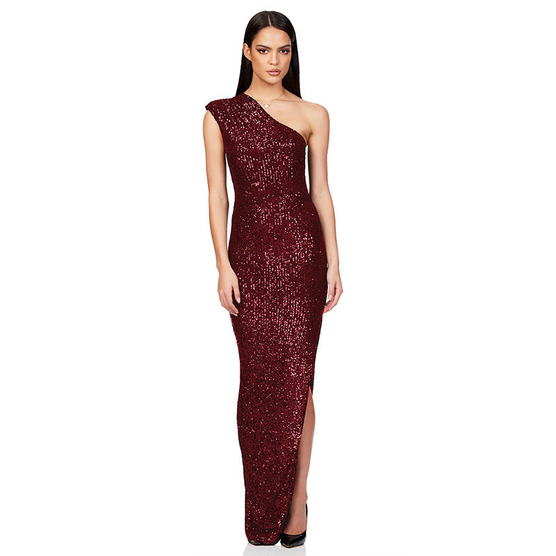 SIXSR 2025 Skirt summer women's clothing INS sleeveless one-shoulder split sequined long dress 2025 temperament dress women's wholesale