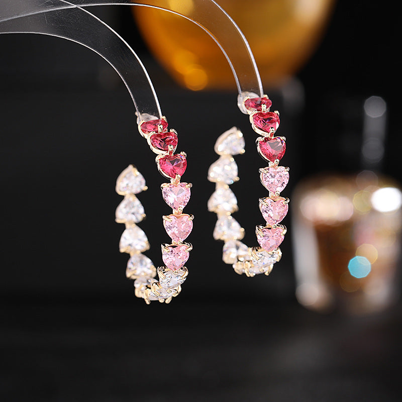 2025 Sweet and cool style light luxury high-end earrings super flash peach heart zircon inlaid large circle stud earrings love shape C circle earrings