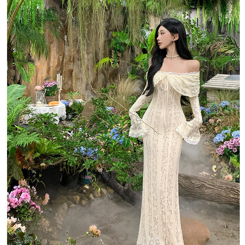 2025 temperament gentle one-word shoulder lace dress dinner party tube top dress waist hip trailing dress