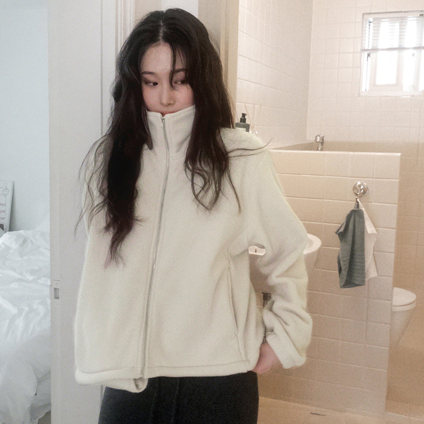 Solid color fleece jacket 25 winter new warm thickened top simple loose long-sleeved stand-up neck zipper cardigan