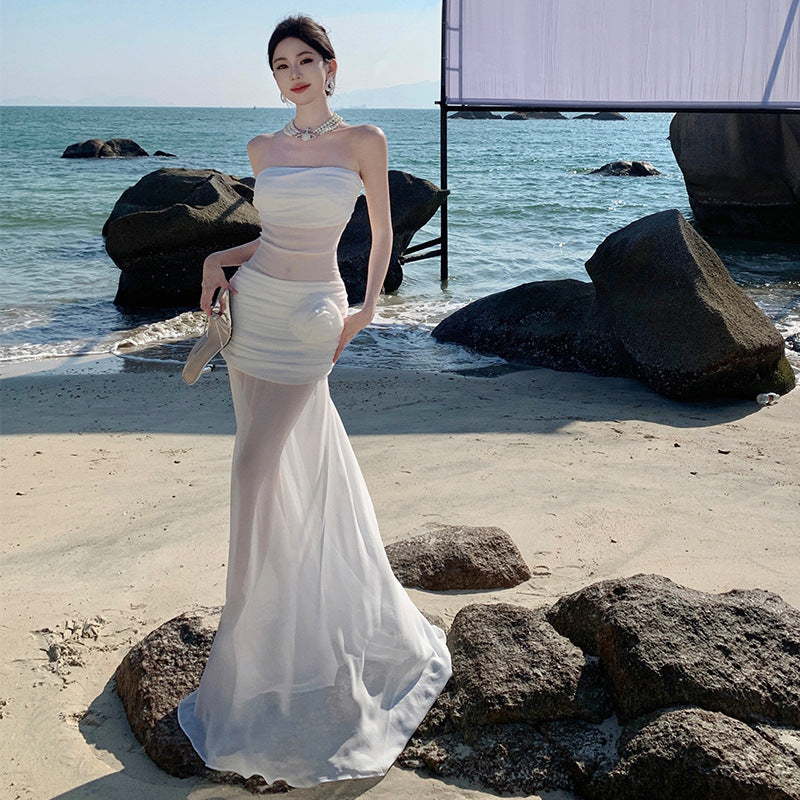 2025 Seaside vacation beach dress pure desire wind hottie sexy word shoulder tube top slim hip skirt backless dress summer