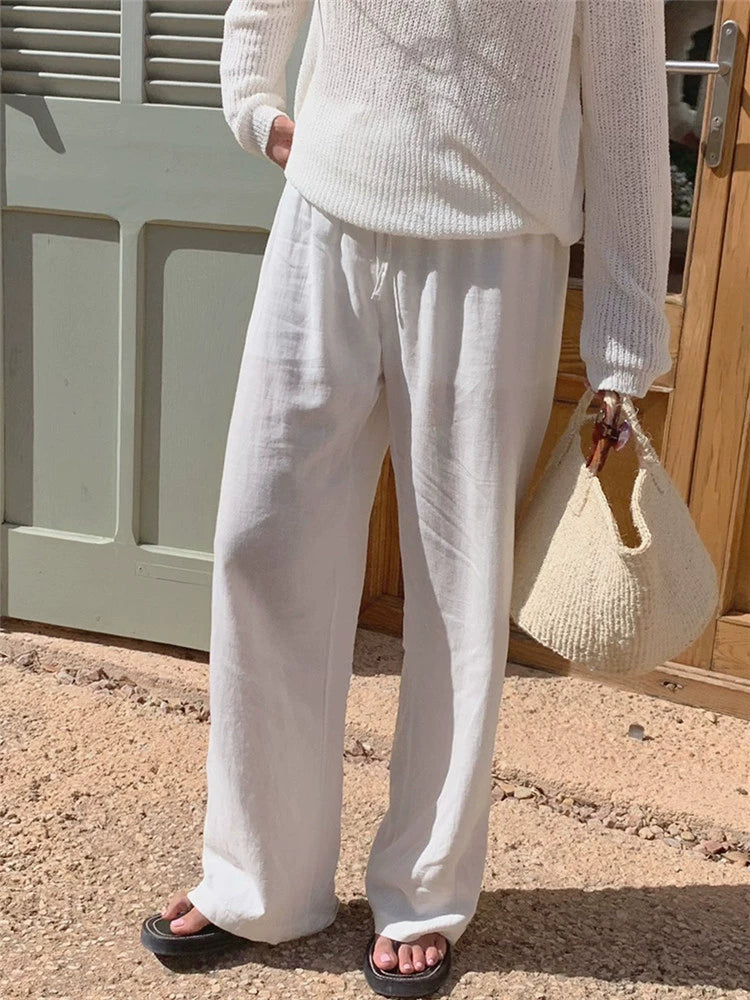 White linen pants children spring and summer old money loose elastic cotton and linen long pants loose casual straight pants