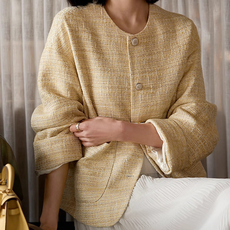 2025 Sweet wind age-reducing small fragrant wind jacket, tweed collarless top spring new high-end women's clothing short