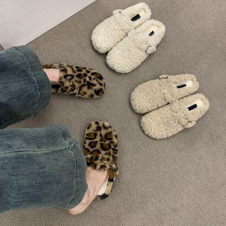 2025 Internet celebrity fairy wind white fluffy shoes female outer wear lazy one pedal warm plush bag head half slippers