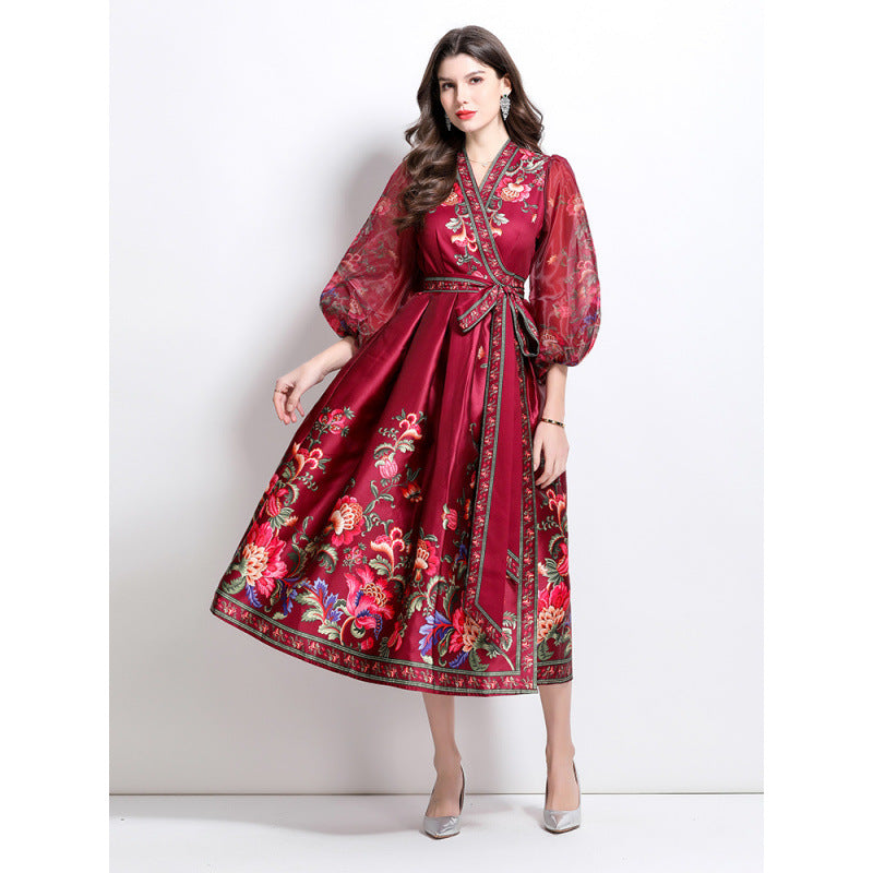 retro court style dress women's autumn and winter lace-up waist V-neck lantern sleeve printed pendulum dress