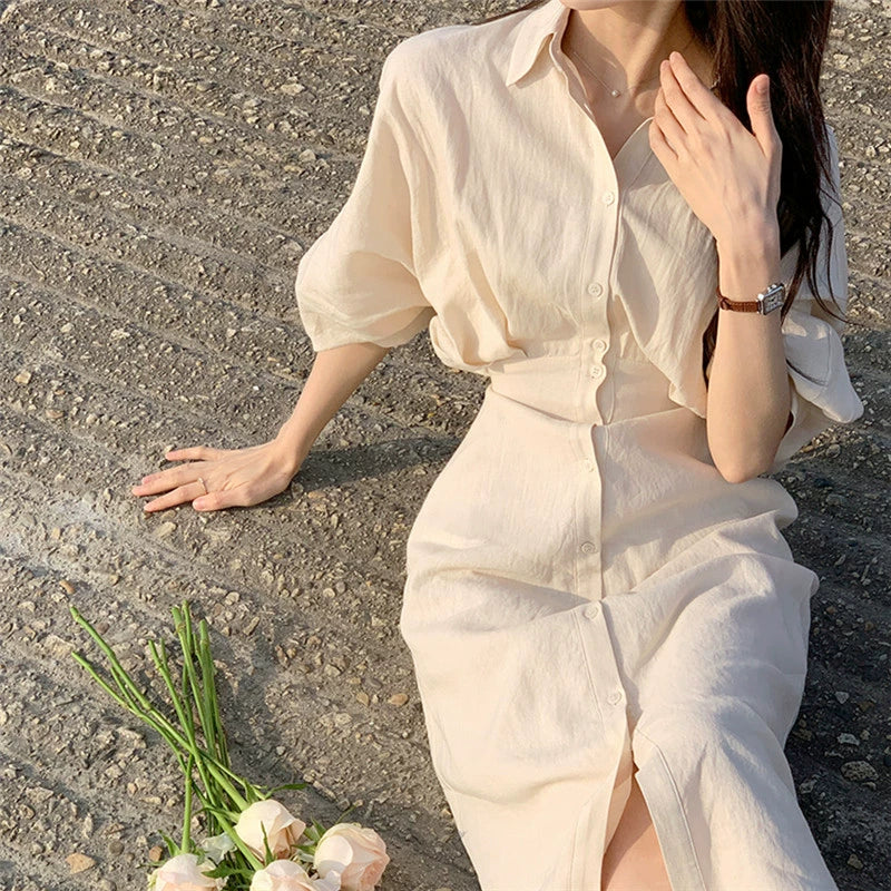 Coffee break linen dress women's spring summer new temperament waist thin gentle cotton and linen shirt long dress