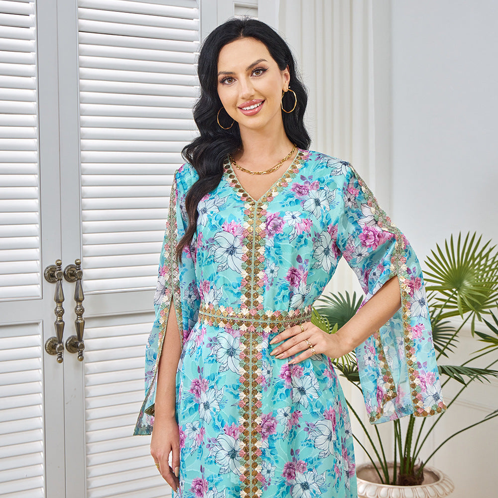Middle East Muslim robe women's long dress fashion new color pattern V-neck waist split sleeve dress