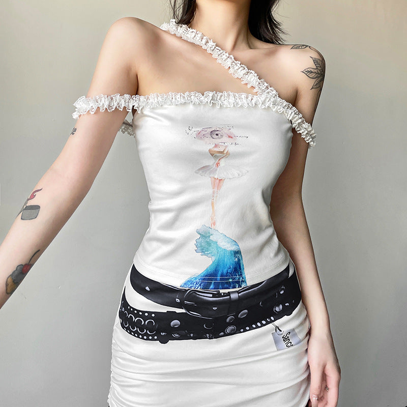 2025 style popular winter new women's clothing fashion cartoon printed off-shoulder top base solid color skirt