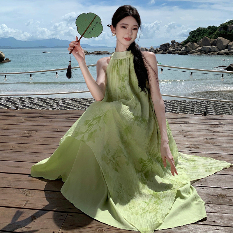 2025 New Chinese neck long dress women's lazy mint mambo irregular pendulum contrasting color national style holiday dress