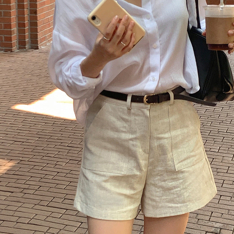 Casual linen shorts summer women's pants cotton and linen breathable cool Korean version commuter loose straight pants high waist hot pants