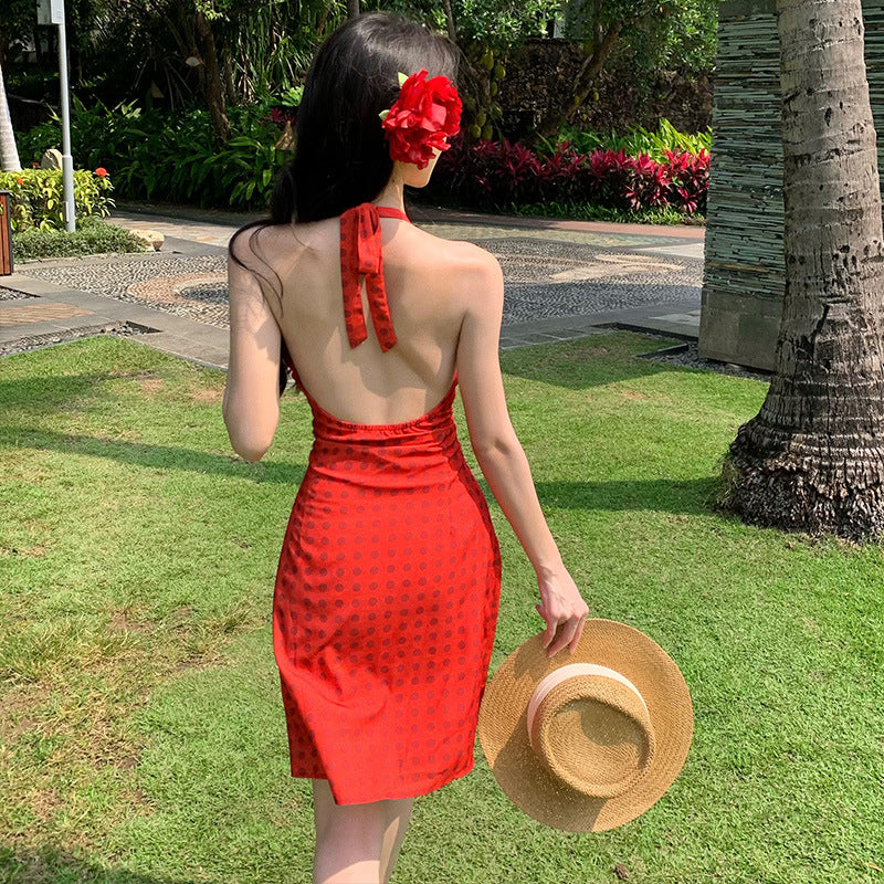 2025 niche design red polka dot neck backless vacation dress female sexy hot girl travel photo skirt