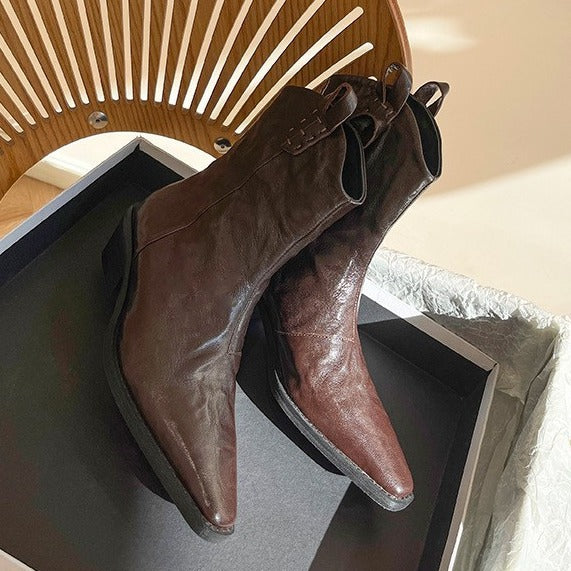 2025 Small short boots women's popular new Martin boots V-mouth bare boots pointed brown thick heel western cowboy boots