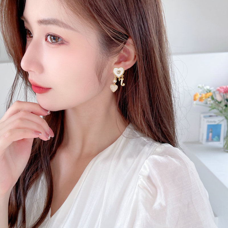 2025 S925 silver needle niche fresh temperament earrings zircon inlay fashion design sense love letter red heart J stud earrings