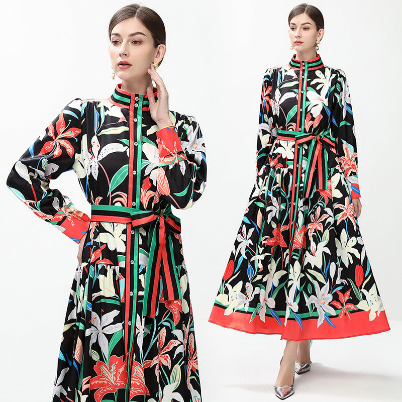 celebrities retro fashion printed stand-up collar single-breasted dress women's waist temperament big pendulum long skirt