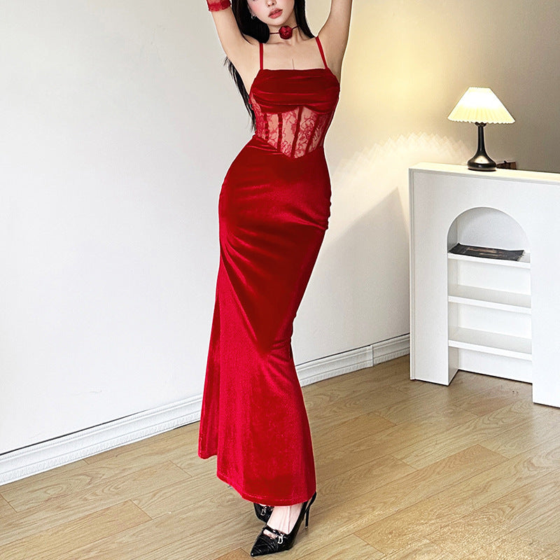 2025 style popular winter new women's clothing solid color hollow lace suspender hip dress dress sleeve set