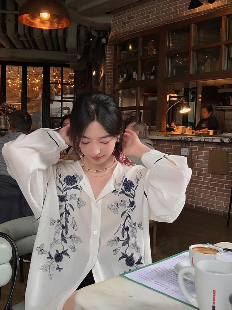 Siyuan hand-painted embroidered ramie shirt women's long-sleeved summer thin splicing lace wrinkled round neck loose shirt 7877