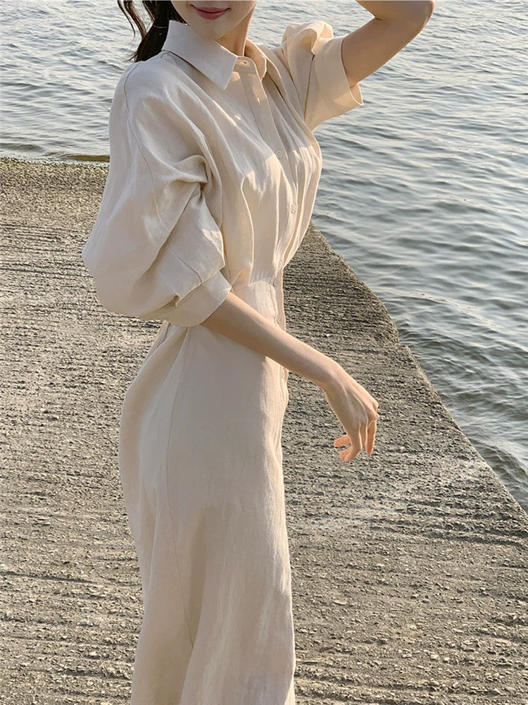 Coffee break linen dress women's spring summer new temperament waist thin gentle cotton and linen shirt long dress