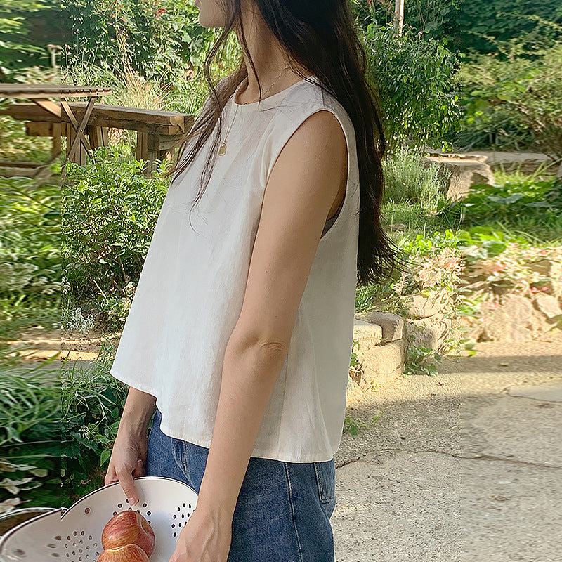 Summer popular new sleeveless T-shirt, Japanese cotton and linen back open button design sense niche ramie vest top women