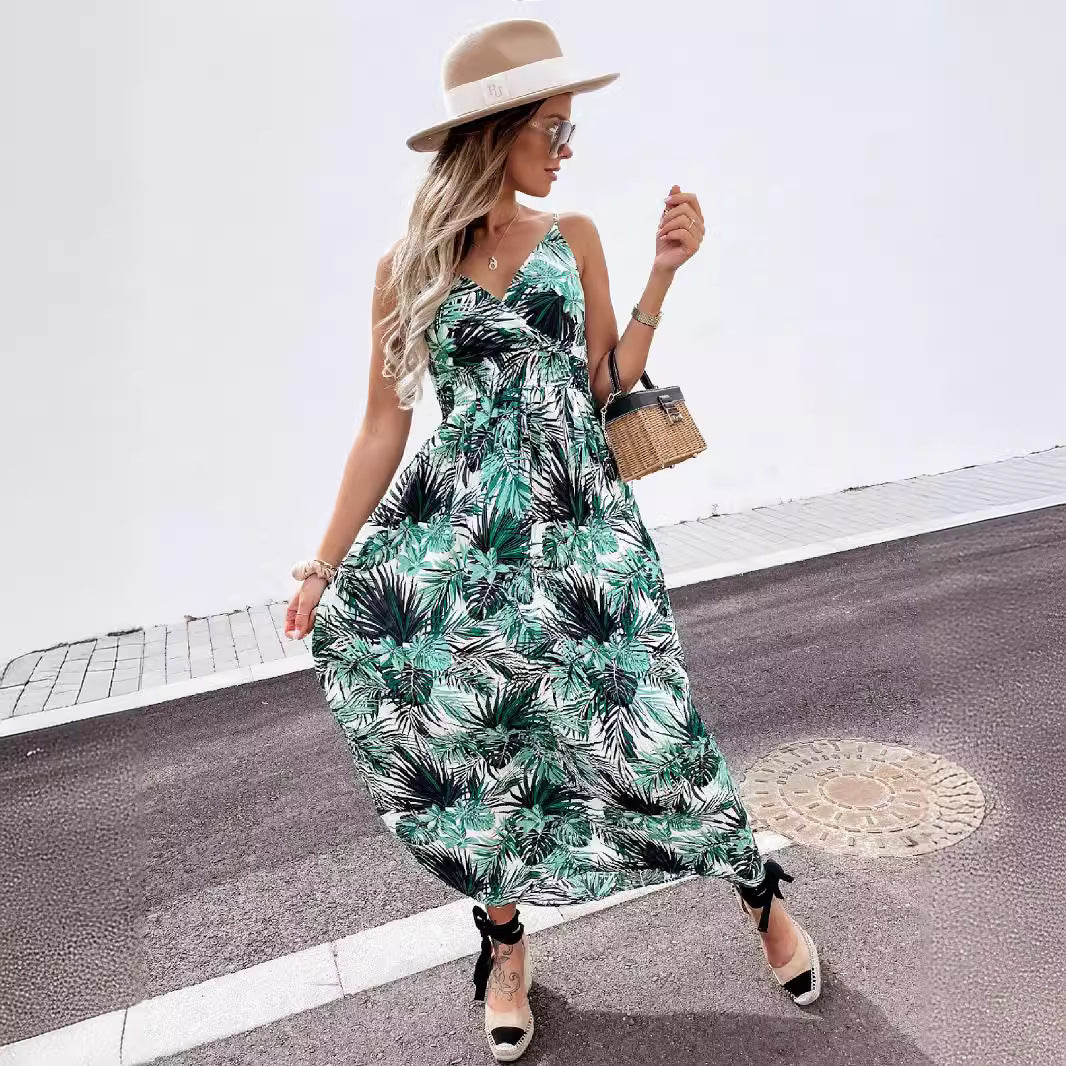 Popular trade 2025 women's clothing popular summer v-neck sleeveless suspender printed bohemian dress