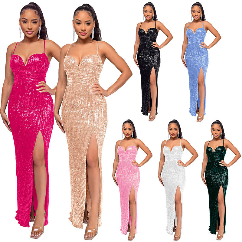 SIXSR 2025 INS Skirt Women's Summer Deep V Halter Split Suspender Skirt Temperament Sequin Dress Summer Women