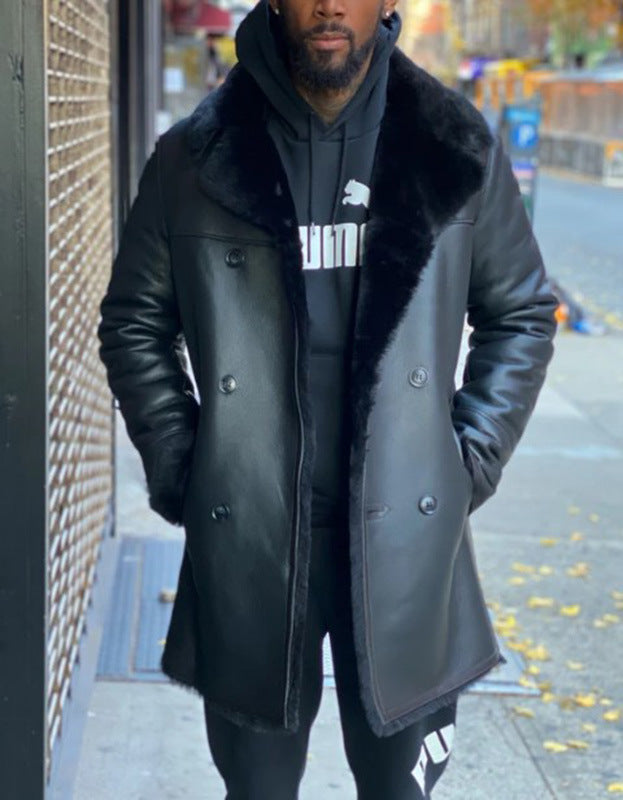 2025 independent station wish New black big fur collar medium and long men's leather jacket 6568