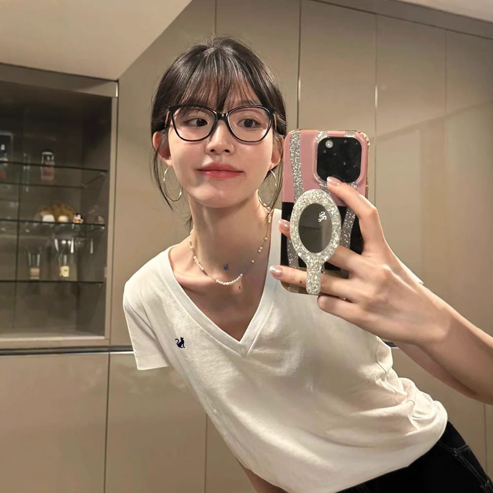 Siyuan 25 Spring and Summer Shoulder V-Neck Fox Embroidery Pure Cotton Slim Skinny T-Shirt Short Sleeve Women's Top 7771