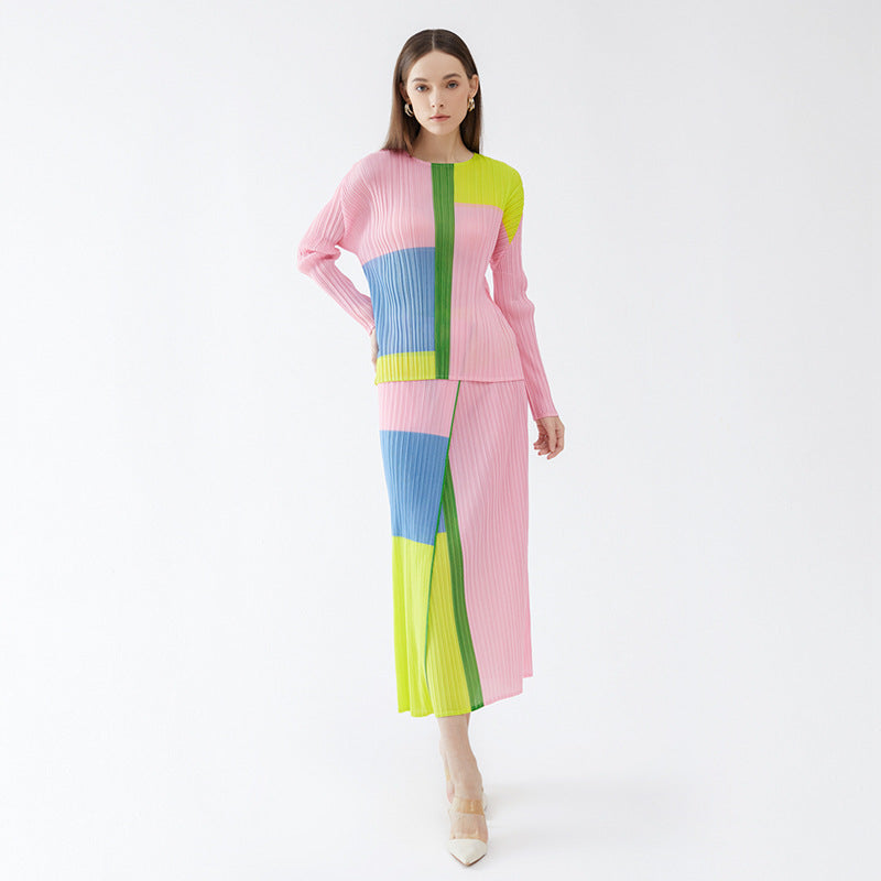 spring new round neck long-sleeved top high waist casual pleated skirt set women's pleated two-piece set