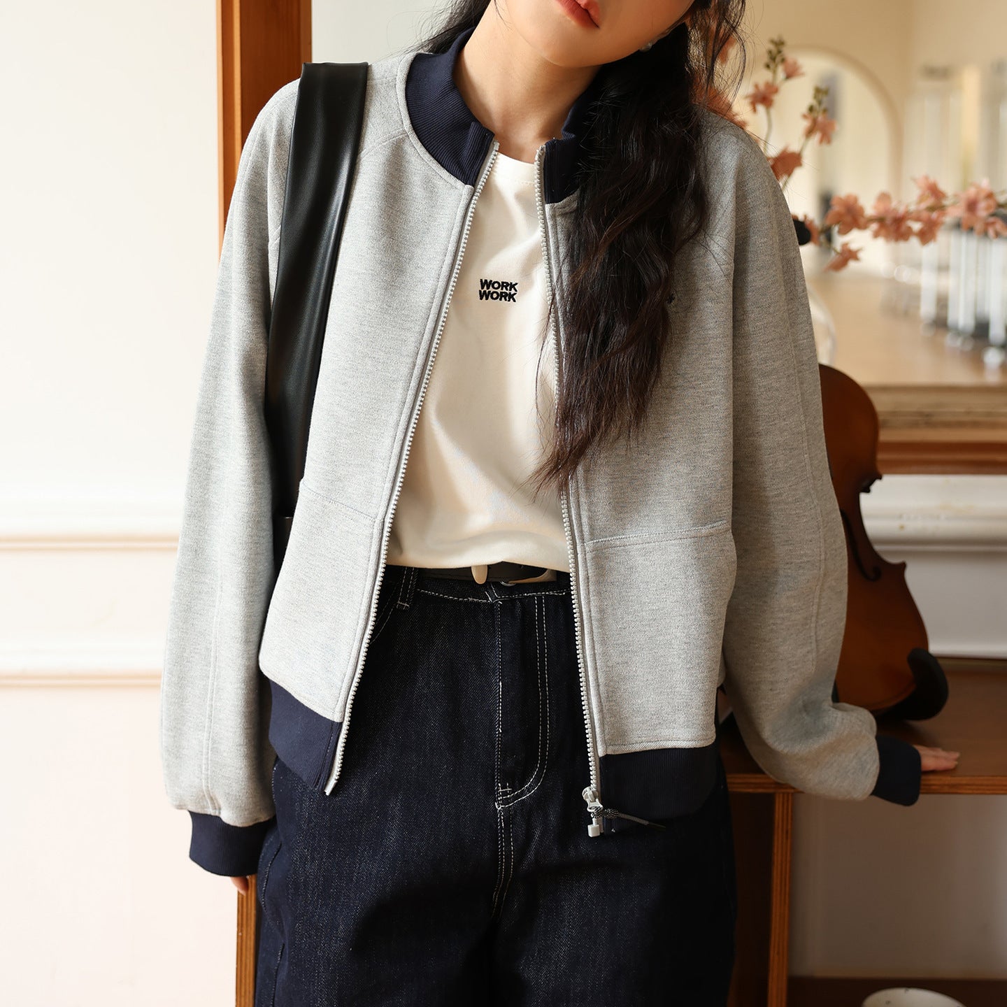 Letter Embroidery Contrast Color Sweater Women's New Design Sense Front Shoulder Cardigan Crew Neck Long Sleeve Zipper Jacket