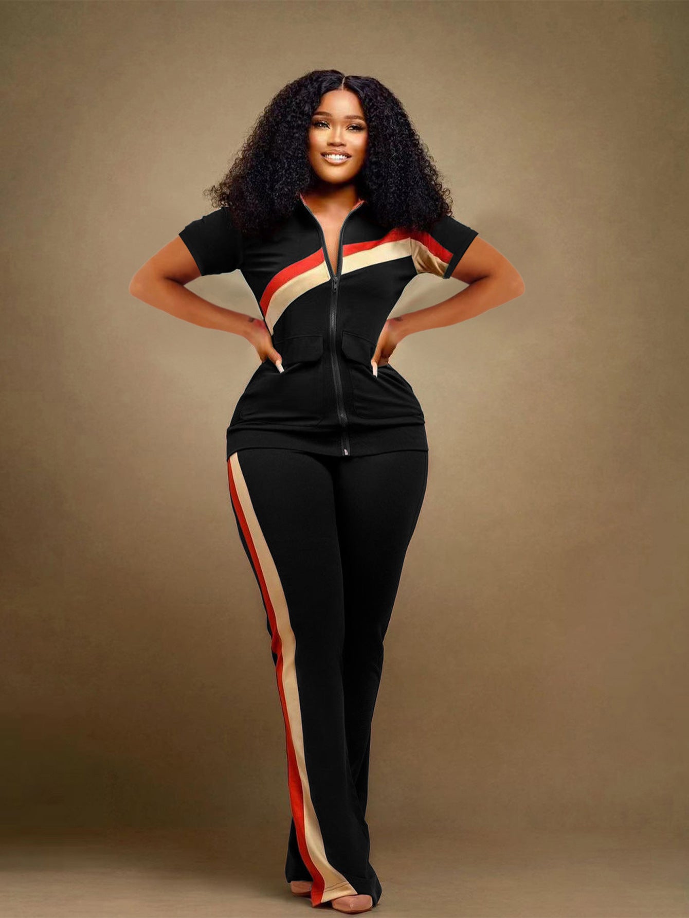 SIXSR T77557 2025 women's clothing casual fashion contrasting color splicing zipper pocket long-sleeved pants sportswear