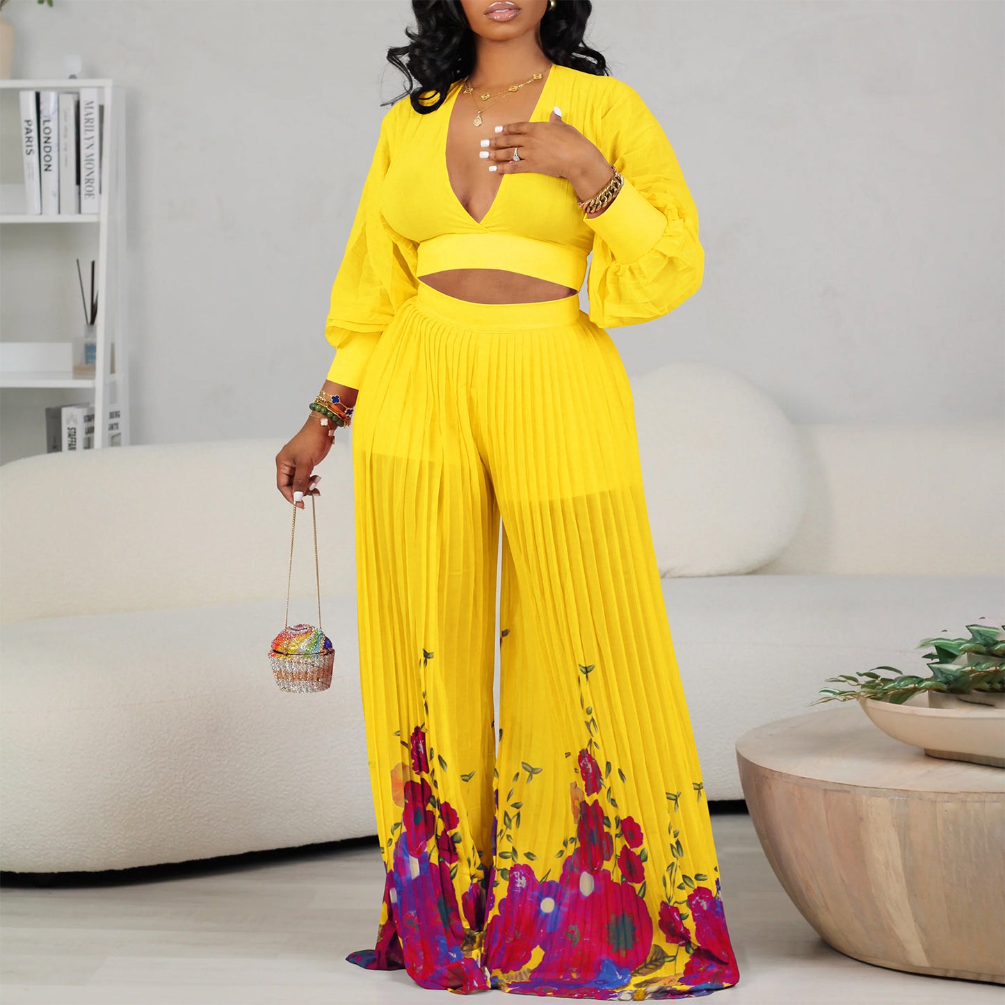 SIXSR D440 New Hot Trade Wholesale V-neck chiffon lantern sleeve top pleated wide-leg pants two-piece set 2025 suit