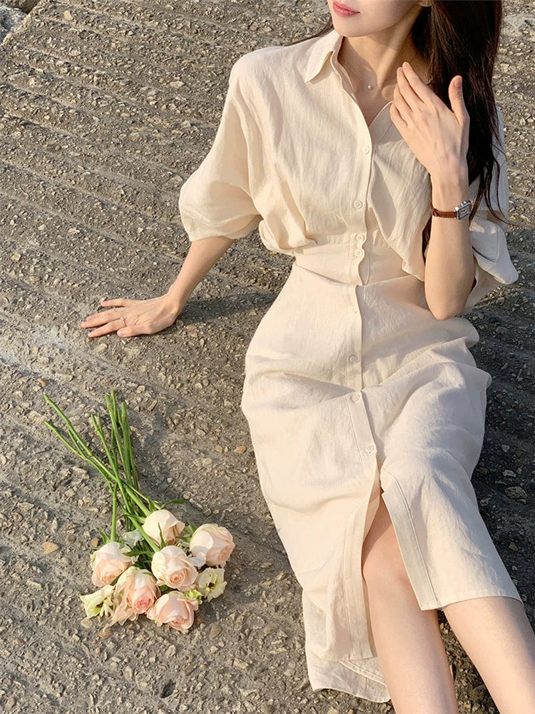 Coffee break linen dress women's spring summer new temperament waist thin gentle cotton and linen shirt long dress
