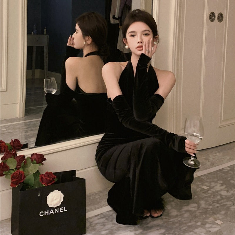 2025 Pure desire style high-end fishtail dress skirt children's autumn new neck long-sleeved long dress temperament velvet dress