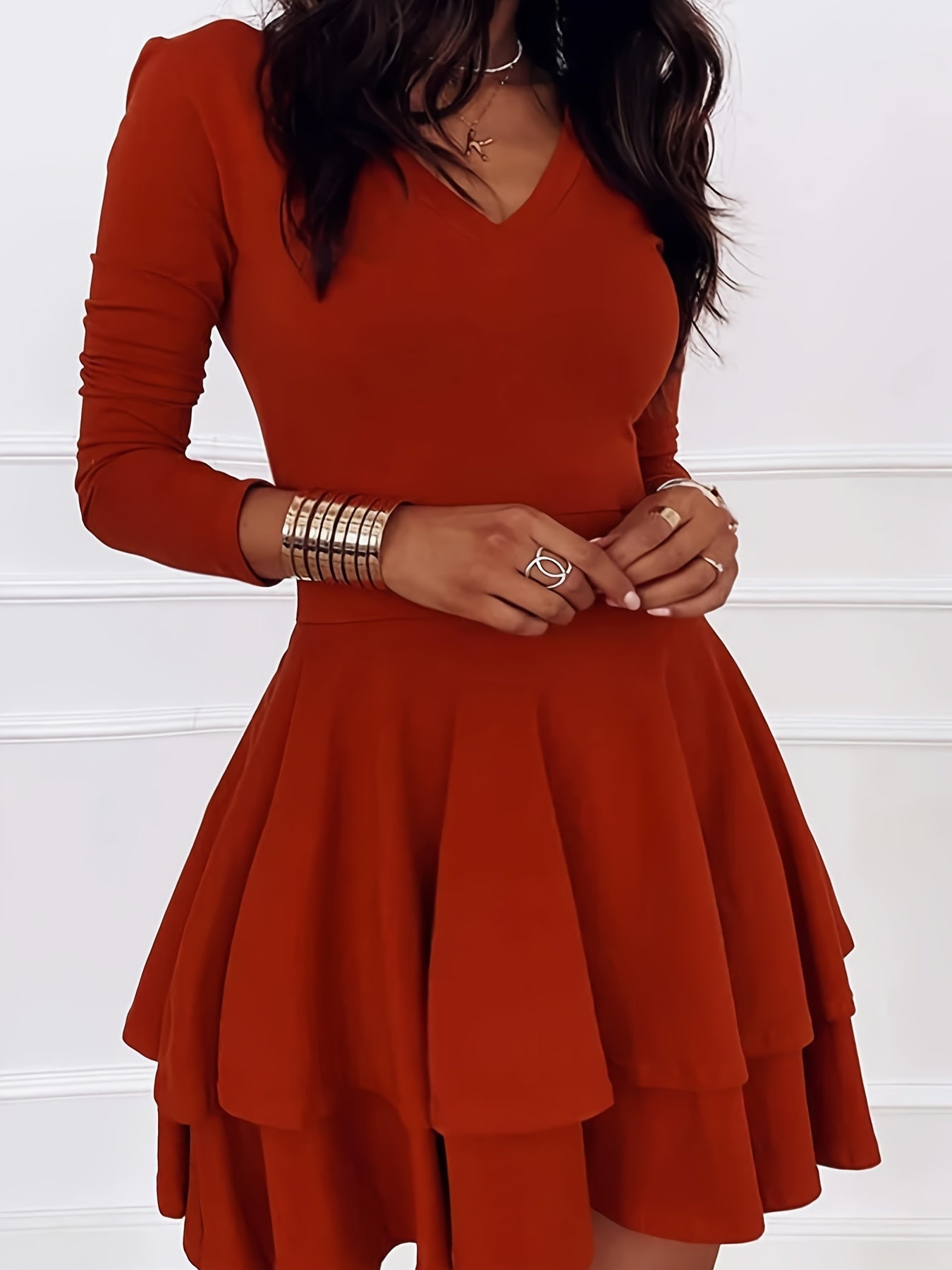 Sixsr Plus Size Elegant Dress, Women's Plus Solid Long Sleeve V Neck Layered Ruffle Trim High Stretch Mini Dress